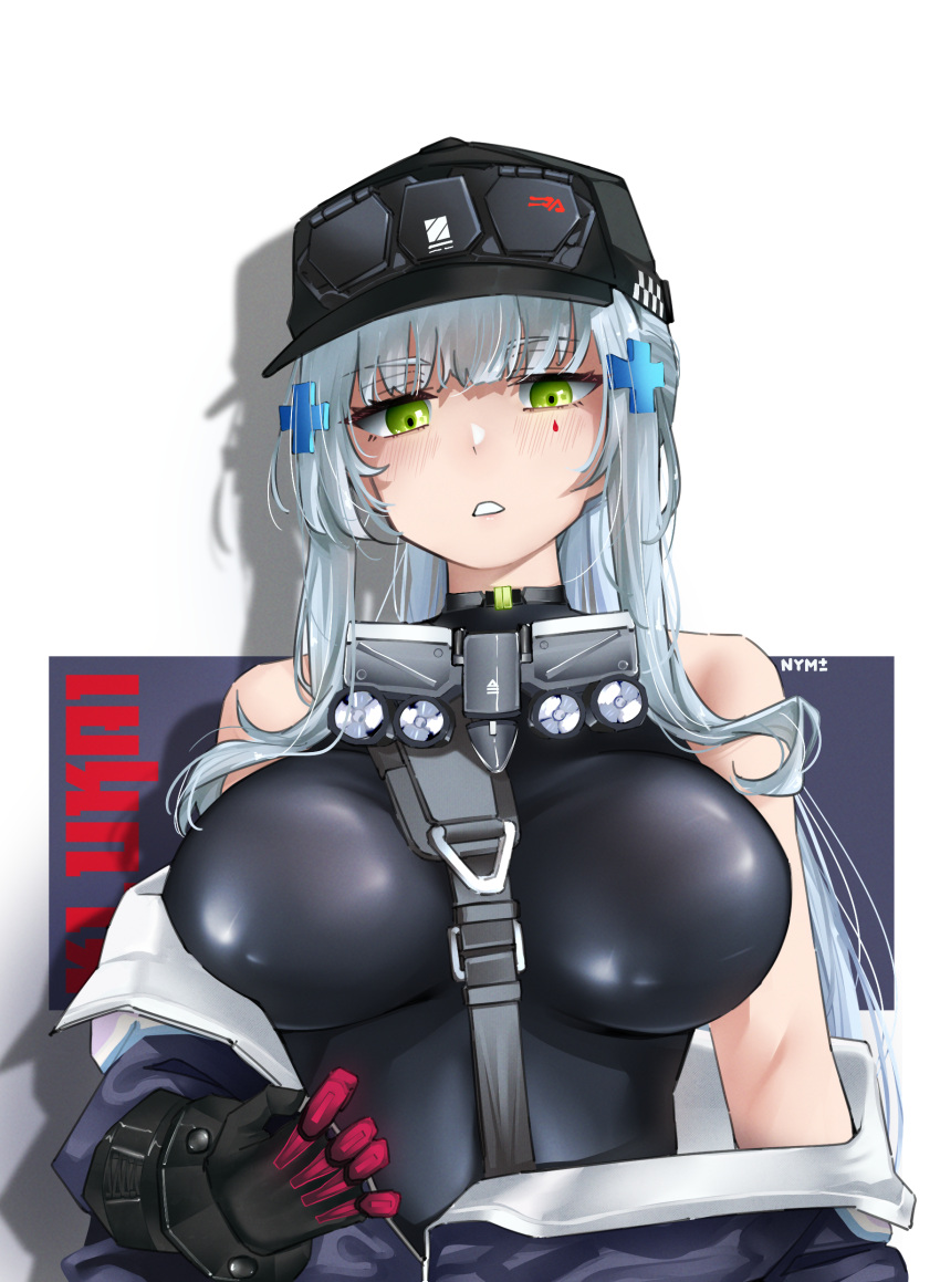 absurdres artist_name baseball_cap black_gloves blue_hair breasts breasts_apart character_name cross_hair_ornament english_commentary female girls'_frontline girls'_frontline_2:_exilium gloves hair_ornament hat highres hk416_(girls'_frontline) large_breasts looking_at_viewer nym+_(nymplus) off_shoulder parted_lips partially_open_jacket purple_background red_gloves sidelocks solo straight-on teardrop_facial_mark teardrop_tattoo two-tone_background two-tone_gloves upper_body white_background