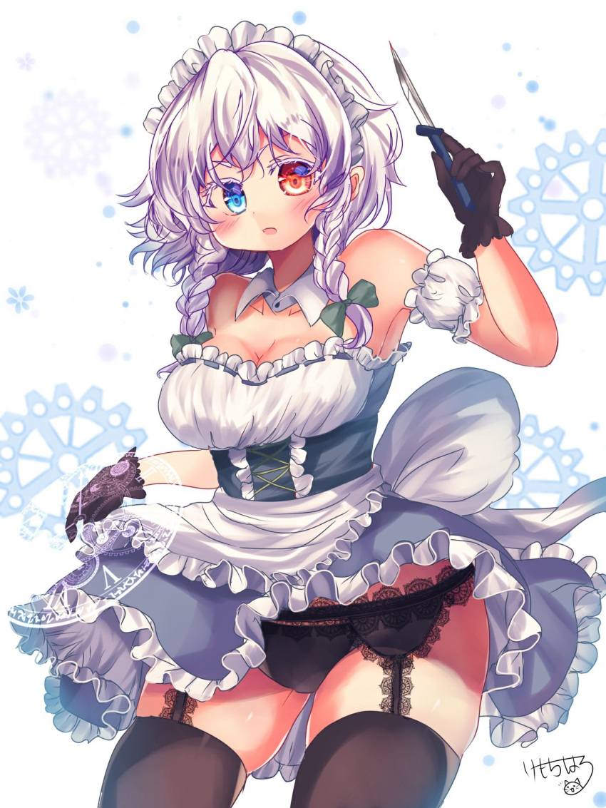 black_gloves black_thighhighs blue_eyes braid breasts commentary_request female garter_straps gloves heterochromia highres holding holding_knife izayoi_sakuya kemo_chiharu knife lingerie looking_at_viewer maid maid_headdress open_mouth red_eyes side_braids signature simple_background solo thighhighs touhou twin_braids underwear white_background