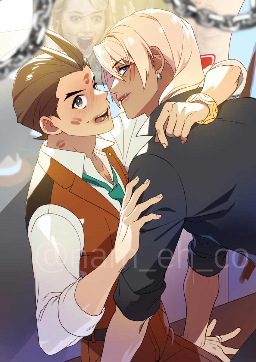 2boys after_kiss antenna_hair apollo_justice apollo_justice:_ace_attorney arm_on_another's_shoulder black_shirt blonde_hair blue_eyes blush bracelet brown_eyes brown_hair caught chains collared_shirt earrings green_necktie gyakuten_saiban hand_on_another's_arm highres jewelry klavier_gavin lipstick lipstick_mark lipstick_mark_on_face lipstick_mark_on_neck looking_at_viewer makeup male_focus multiple_boys nam_eh_co necktie pants red_pants red_vest shirt sitting sleeves_rolled_up smeared_lipstick vest white_shirt yaoi