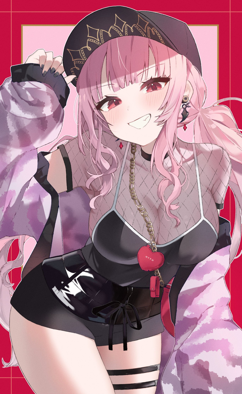 alternate_costume baseball_cap black_dress black_hat black_nails dress earrings female hat highres hololive hololive_english jacket jewelry long_hair looking_at_viewer mori_calliope nail_polish pink_hair pink_jacket red_eyes single_earring sleeveless sleeveless_dress smile solo thigh_strap twintails virtual_youtuber yufu