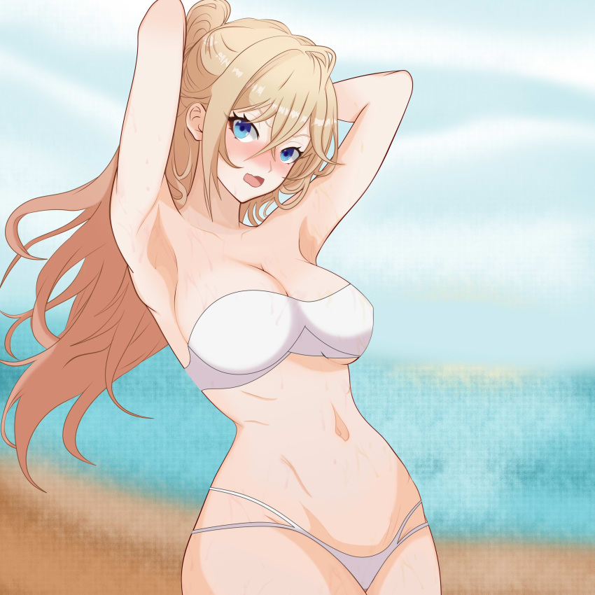 absurdres armpits arms_up bandeau bare_shoulders beach bianka_durandal_ataegina bikini blonde_hair blue_eyes blue_sky blush breasts cleavage day english_commentary female hair_between_eyes highres honkai_(series) honkai_impact_3rd large_breasts long_hair looking_at_viewer navel nose_blush open_mouth outdoors ponytail quelang sky solo stomach strapless strapless_bikini swimsuit upper_body very_long_hair white_bikini