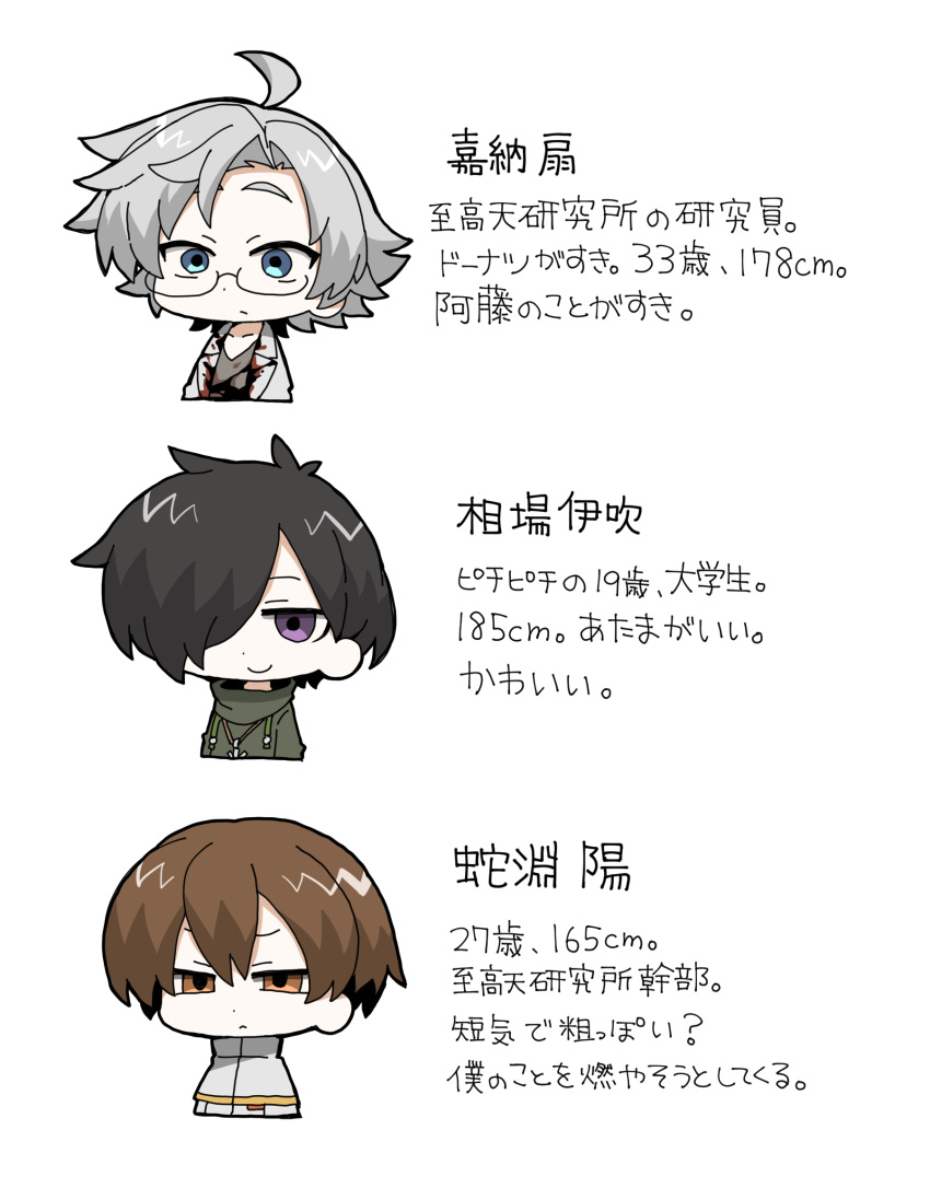 3boys ahoge aiba_ibuki bad_id bad_pixiv_id black_hair blood blood_on_clothes blue_eyes brown_eyes brown_hair capelet closed_mouth commentary_request glasses gold_trim green_eyes grey_hair grey_shirt hair_over_one_eye highres jabuchi_you jacket jitome kanou_aogu male_focus multiple_boys no_sclera open_clothes open_jacket purple_eyes saibou_shinkyoku semi-rimless_eyewear shirt simple_background smile translation_request white_background white_capelet white_jacket white_shirt yagidon