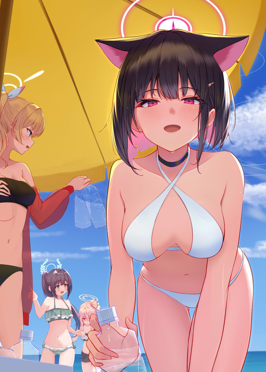 4girls :d absurdres airi_(blue_archive) alternate_costume animal_ear_fluff animal_ears beach beach_umbrella bikini black_bikini black_choker black_hair black_shorts blonde_hair blue_archive blue_sky blush bob_cut bottle bow cat_ears choker cloud collarbone colored_inner_hair commentary_request cowboy_shot criss-cross_halter frilled_bikini frills from_below green_bikini green_eyes green_halo hair_between_eyes hair_bun hairbow halo halterneck high_ponytail highres holding holding_bottle jacket kazusa_(blue_archive) long_hair looking_at_viewer medium_hair multicolored_hair multiple_girls natsu_(blue_archive) navel open_clothes open_jacket outdoors pink_hair pink_halo plastic_bottle red_eyes red_jacket see-through see-through_jacket short_shorts shorts sidelocks sky smile solo_focus stomach strapless strapless_bikini string_bikini swimsuit thighs twintails umbrella water_bottle white_bikini white_bow yata_mawari yellow_halo yoshimi_(blue_archive)