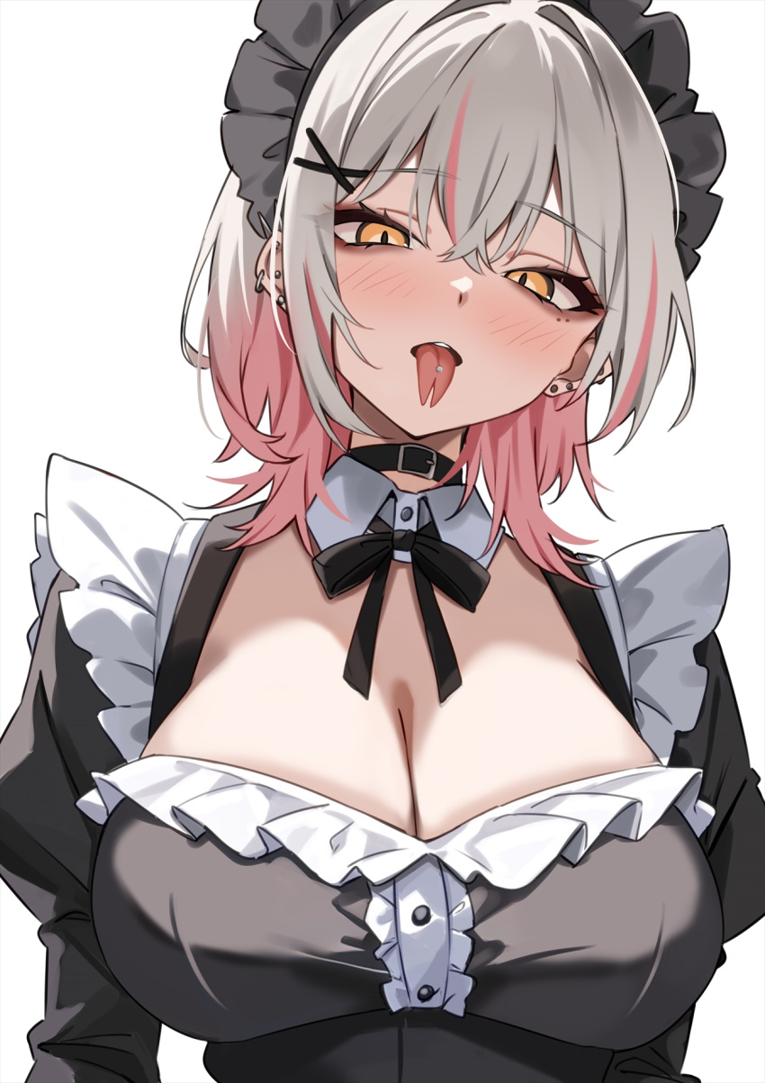 black_dress blush breasts cleavage collar detached_collar dress earrings female forked_tongue grey_hair highres jewelry large_breasts long_sleeves looking_at_viewer maid_headdress marisasu_(marisa0904) open_mouth original piercing pink_hair short_hair solo tongue tongue_out tongue_piercing yellow_eyes