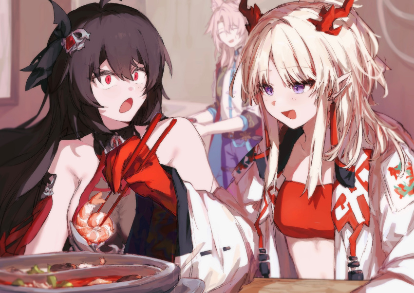 1boy 2girls ahoge animal_ears arknights bare_shoulders black_hair breasts chopsticks cleavage colored_extremities commentary_request crossover dragon_horns food fox_ears hair_ornament highres holding holding_chopsticks honkai:_star_rail honkai_(series) honkai_impact_3rd horns indoors jacket jiaoqiu_(honkai:_star_rail) large_breasts long_hair looking_at_another multiple_girls nian_(arknights) open_mouth pink_hair plate purple_eyes red_eyes red_hands red_horns see-through see-through_cleavage seele_(alter_ego) seele_vollerei seele_vollerei_(starchasm_nyx) shrimp sk5hx small_breasts spicy stomach white_hair white_jacket