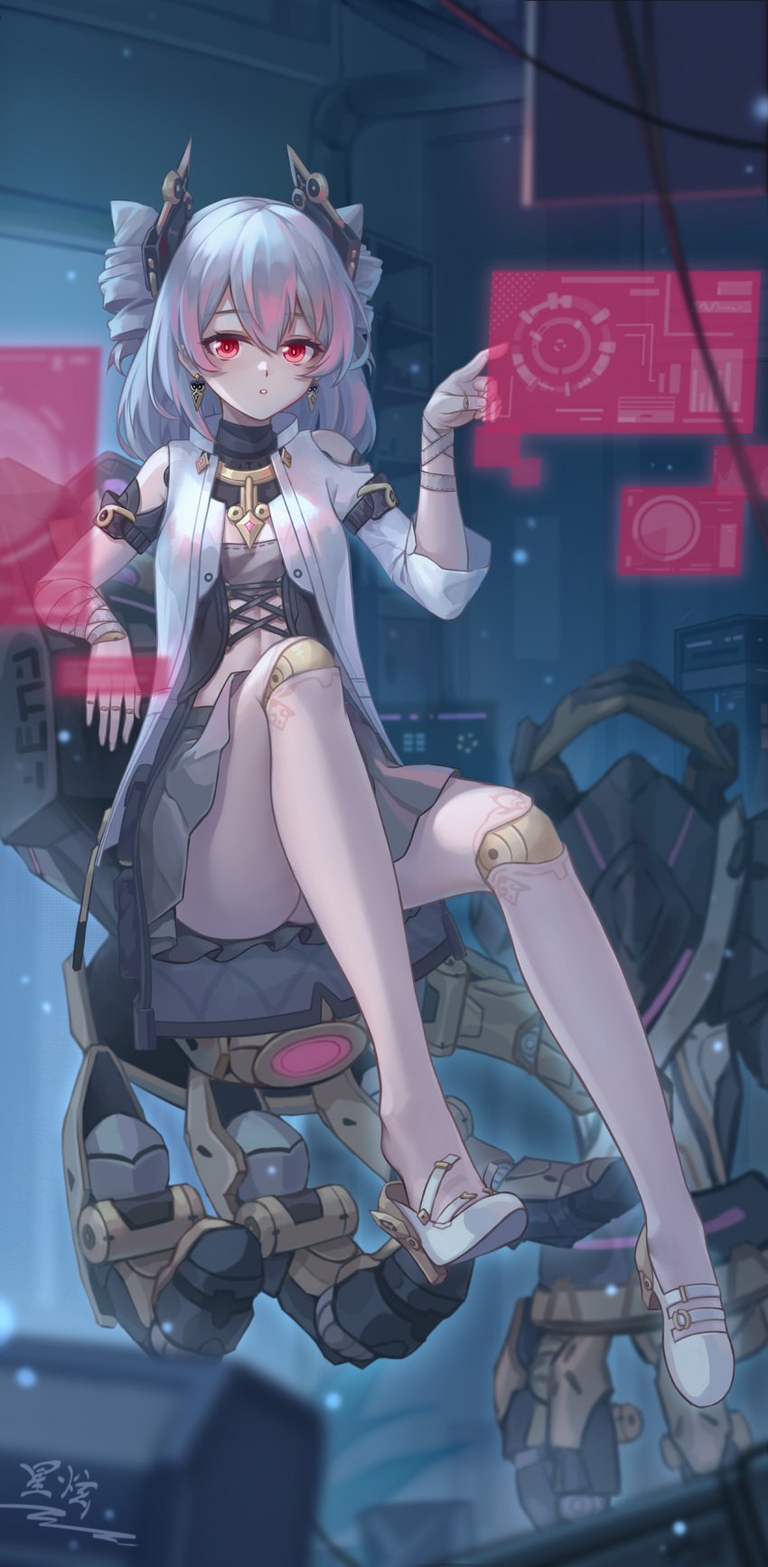 absurdres bare_legs breasts crop_top doll_joints drill_hair earrings female grey_skirt hair_between_eyes hair_ornament high_heels highres holographic_touchscreen honkai_(series) honkai_impact_3rd indoors jacket jewelry joints looking_at_viewer medium_hair prometheus_(honkai_impact) red_eyes sitting sitting_on_object skirt small_breasts solo stomach thighs twin_drills white_jacket yelan_xing_xuan