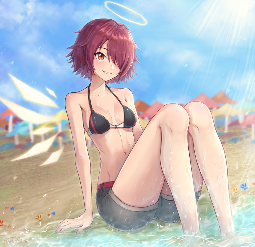 arknights beach belt bikini black_bikini blurry blurry_background breasts collarbone commentary day energy_wings exusiai_(arknights) feet_out_of_frame female grey_shorts grin groin hair_over_one_eye halo highres i_(taiyo_1710) knees_up looking_up medium_breasts navel on_ground one_eye_covered orange_eyes outdoors pink_belt pink_hair short_hair shorts sitting skinny smile solo sunlight swimsuit water wet wet_clothes wet_shorts yellow_halo