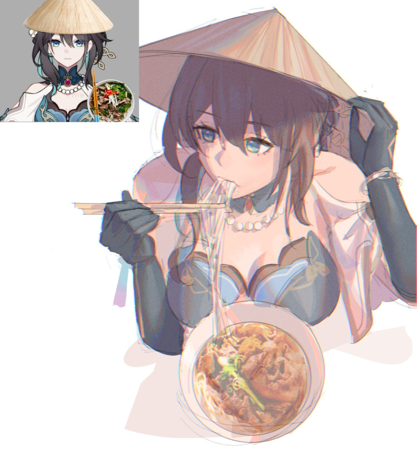 aqua_eyes bare_shoulders black_hair bowl breasts chopsticks cleavage clothing_cutout conical_hat eating female food gloves gnarlypzofbread highres holding holding_chopsticks honkai:_star_rail honkai_(series) long_hair multiple_views noodles ruan_mei_(honkai:_star_rail) shoulder_cutout simple_background upper_body vietnam vietnamese_commentary white_background