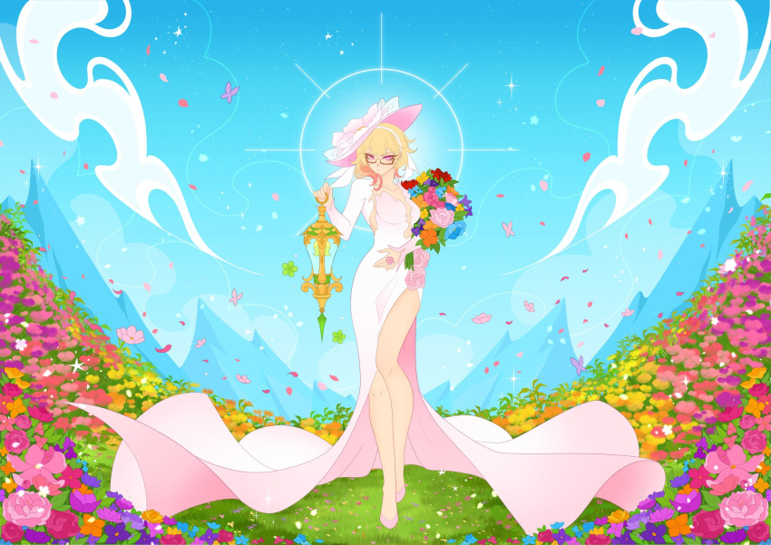 adapted_costume blonde_hair blue_flower blue_sky bouquet breasts commentary day dress emilie_(genshin_impact) emilie_(guerlain)_(genshin_impact) english_commentary falling_petals female ffluvy field flower flower_field full_body genshin_impact glasses hand_up hat highres holding holding_bouquet long_sleeves looking_at_viewer medium_breasts multicolored_clothes multicolored_dress multicolored_hair official_alternate_costume orange_flower outdoors petals pink_dress pink_flower pink_footwear pink_hair pink_hat purple_flower red_eyes red_flower semi-rimless_eyewear sky solo standing white_dress yellow_flower