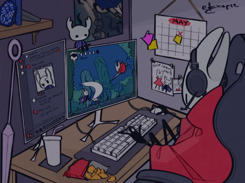 black_skin calendar_(object) chair chat_log colored_skin computer_keyboard computer_mouse desk discord drawing_(object) ekkopiee female headphones hollow_knight hornet_(hollow_knight) indoors knight_(hollow_knight) monitor playing_games sitting solo stuffed_toy table