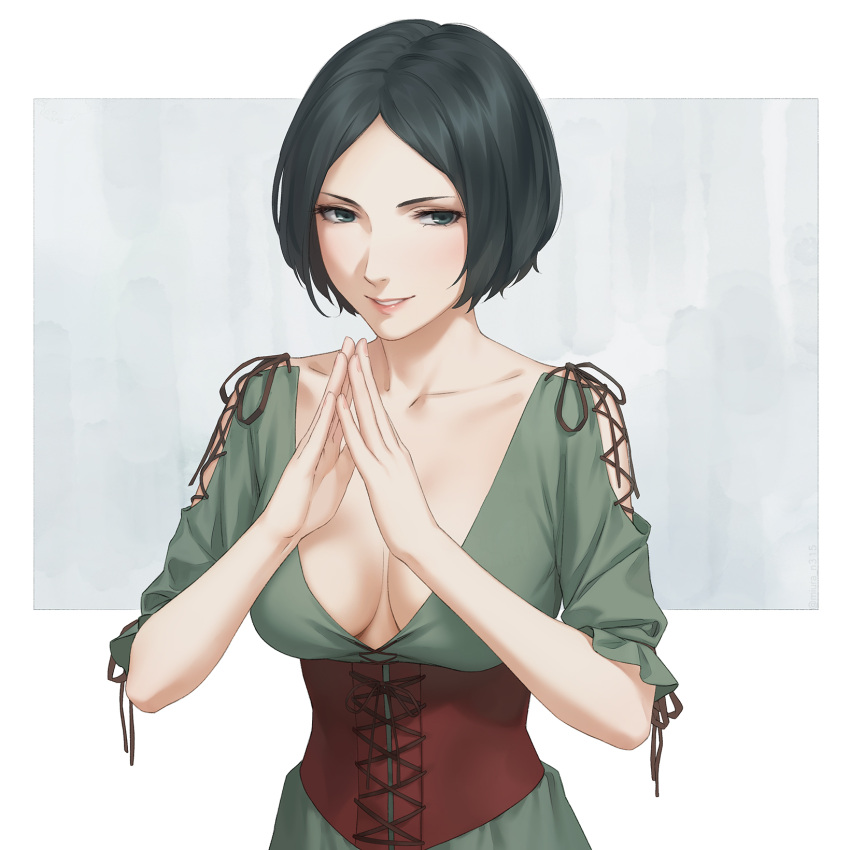 black_hair border breasts cleavage collarbone commentary english_commentary fata_morgana_no_yakata female giselle_(fata_morgana_no_yakata) grey_background grey_eyes highres large_breasts miura-n315 outside_border own_hands_together pink_lips short_hair smile solo teeth upper_body white_border