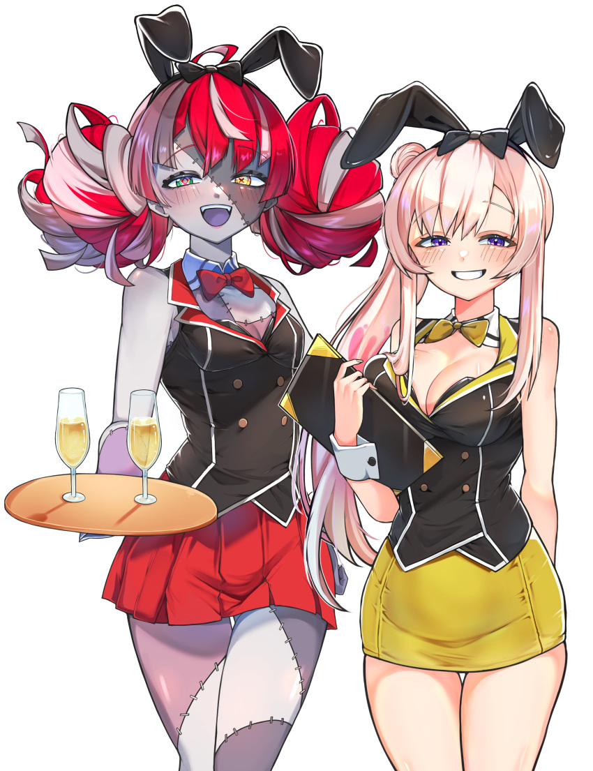 2girls :d absurdres airani_iofifteen alternate_costume animal_ears blush bow bowtie breasts bunny_garden buttons champagne_flute cleavage colored_skin commentary cowboy_shot cup double-breasted double_bun drinking_glass english_commentary fake_animal_ears gradient_hair grey_hair grey_skin grin hair_bun hair_ornament heterochromia highres holding holding_tray hololive hololive_indonesia hostess kghazir kureiji_ollie long_hair looking_at_viewer medium_breasts multicolored_hair multicolored_skin multiple_girls nontraditional_playboy_bunny open_mouth patchwork_skin pink_hair purple_eyes rabbit_ears red_eyes red_hair side_ponytail simple_background skirt small_breasts smile stitched_face stitches tray vest virtual_youtuber white_background wrist_cuffs yellow_eyes zombie