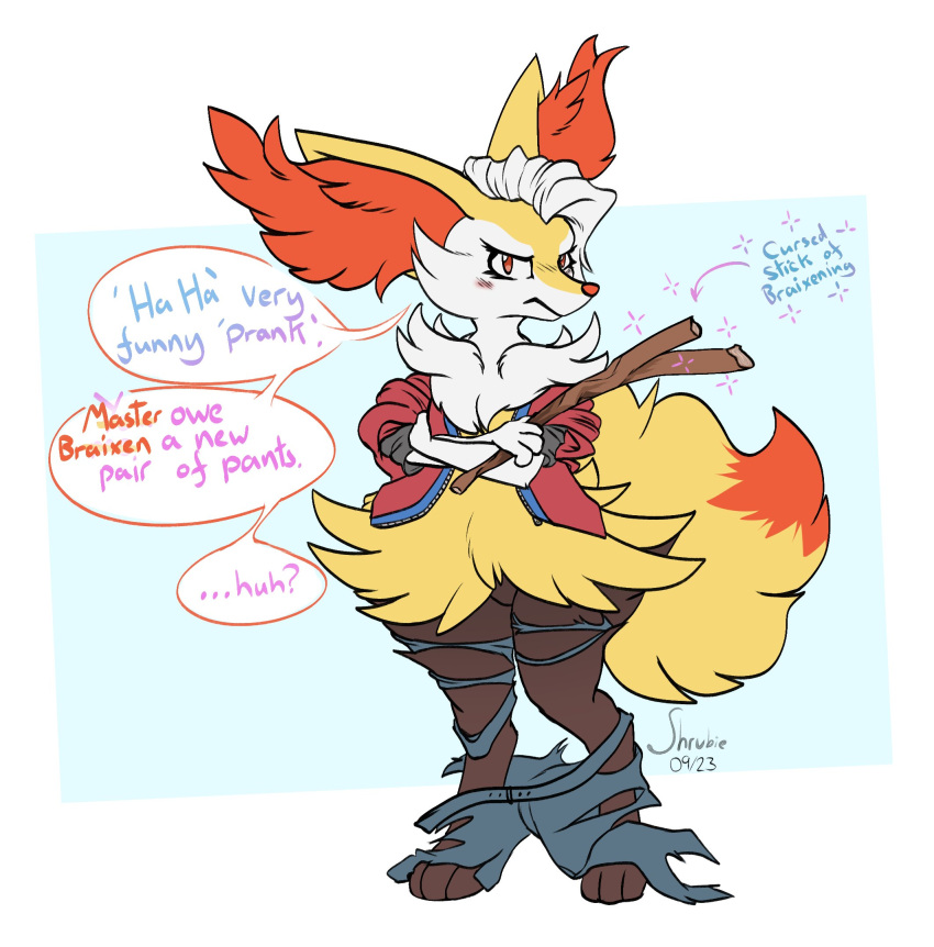 after_transformation ambiguous_gender angry anthro black_body black_fur blush brainwashing braixen clothing colored crossed_arms curse dialogue english_text fur generation_6_pokemon hair hi_res magic mind_alteration nintendo orange_body orange_eyes orange_fur pokemon pokemon_(species) shrubie_fox solo species_transformation speech_bubble stick tail text torn_clothing transformation white_body white_fur white_hair yellow_body yellow_fur