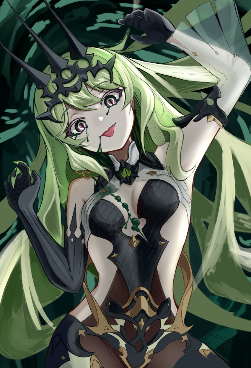 ambiguous_green_liquid arm_up armpits bare_hips bare_shoulders black_dress black_gloves breasts collar cowboy_shot crown crown_hair_ornament dark_background dress drooling female gloves green_background green_hair grey_eyes highres honkai_(series) honkai_impact_3rd long_hair looking_at_viewer mobius_(honkai_impact) naughty_face saliva see-through small_breasts smile staring tongue tongue_out very_long_hair yu_da_yu_da