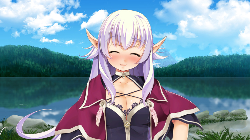 ^_^ atelier-moo black_bustier blush breasts capelet cleavage closed_eyes closed_mouth cloud collar dark_elf elf embarrassed female forest hair_between_eyes highres lake large_breasts long_hair long_pointy_ears nature pointy_ears purple_capelet purple_hair silvia_milsteen sky smile solo standing upper_body very_long_hair wizards_symphony