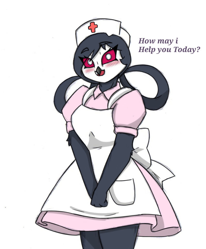 anthro avian beak bird blush clothing dialogue dress english_text female hair_loop helluva_boss hi_res nintendo nurse nurse_clothing nurse_joy nurse_uniform octavia_(helluva_boss) owl owl_demon pace-maker pink_clothing pink_dress pink_sclera pokemon solo text uniform white_eyes white_face