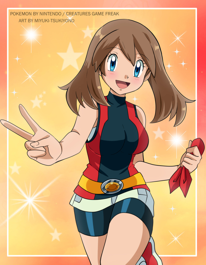 adapted_costume bandana bare_arms bike_shorts blue_eyes blush breasts brown_hair female highres looking_at_viewer may_(pokemon) miyuki_tsukiyono pokemon pokemon_(anime) pokemon_rse_(anime) red_bandana smile solo sparkle star_(symbol) unworn_bandana v