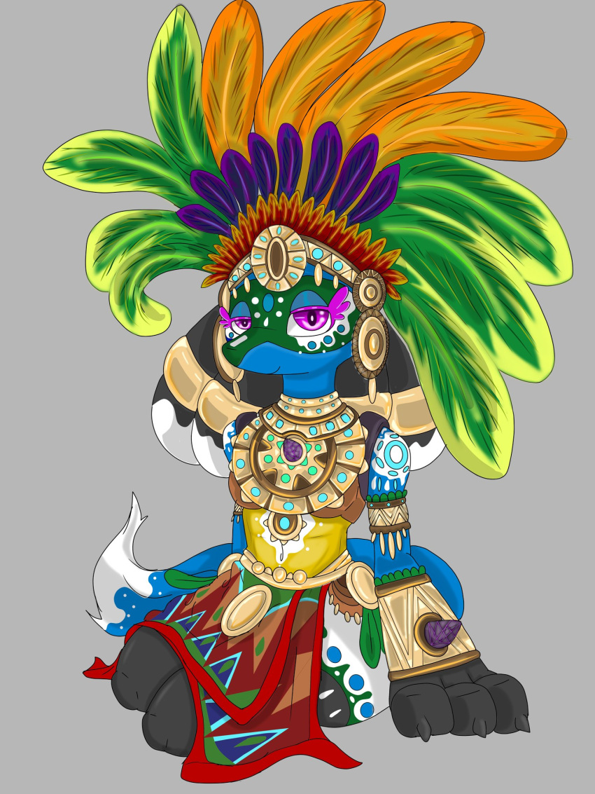 2023 3:4 anthro aztec ceremonial claws elchuydra facial_paint feathered_headdress female finger_claws generation_4_pokemon grey_background hi_res hina_(elchuydra) jewelry looking_at_viewer lucario mesoamerican nintendo pokemon pokemon_(species) purple_eyes simple_background sitting sitting_on_ground smile smiling_at_viewer solo