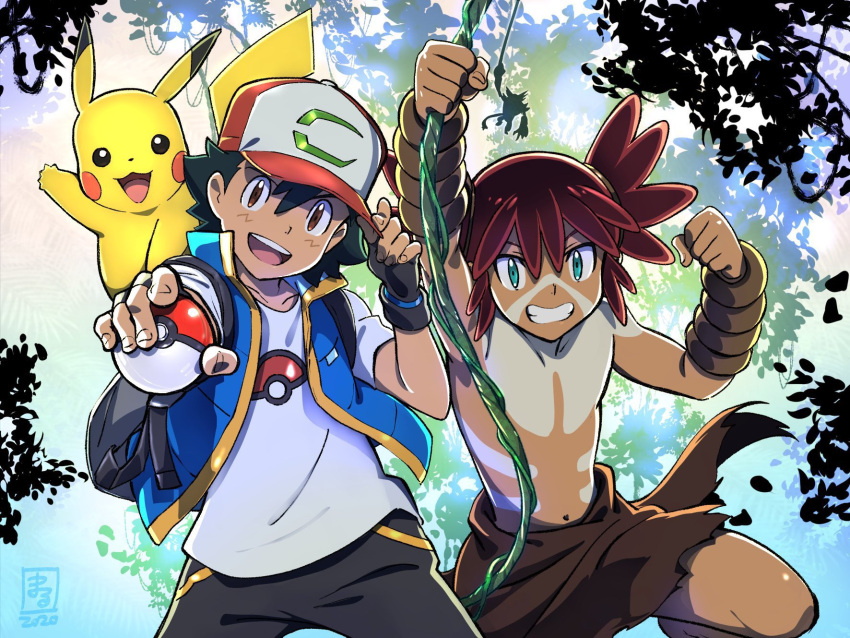 2boys :d backpack bag baseball_cap black_gloves black_hair blue_jacket bodypaint brown_eyes brown_hair clenched_hand commentary_request fingerless_gloves gloves grin hair_between_eyes hat highres holding holding_poke_ball jacket koko_(pokemon) loincloth looking_at_viewer male_focus marufuji_hirotaka multiple_boys navel open_mouth outstretched_arm pikachu plant poke_ball poke_ball_(basic) pokemon pokemon_(anime) pokemon_(creature) pokemon_the_movie:_secrets_of_the_jungle satoshi_(pokemon) shirt short_sleeves sleeveless sleeveless_jacket smile t-shirt teeth tongue topless_male upper_teeth_only vines white_shirt