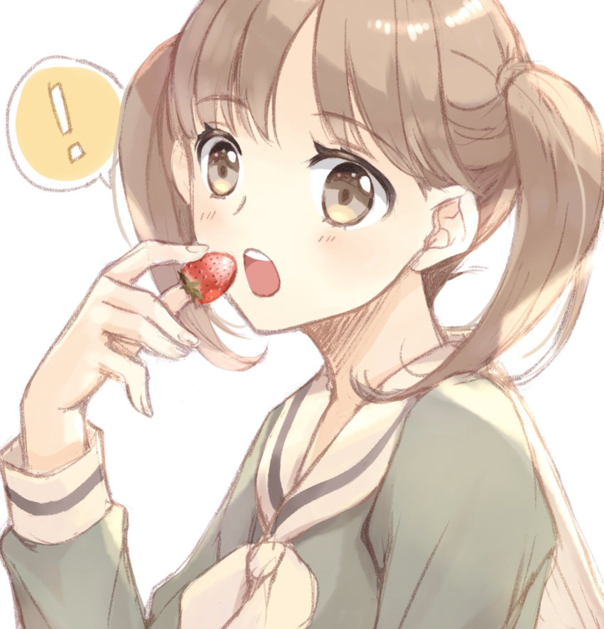 ! brown_eyes brown_hair commentary_request female food fruit fukuzawa_yumi hibiki_reine highres holding holding_food holding_fruit lillian_girls'_academy_school_uniform looking_at_viewer maria-sama_ga_miteru medium_hair open_mouth sailor_collar school_uniform solo strawberry teeth twintails upper_body white_background