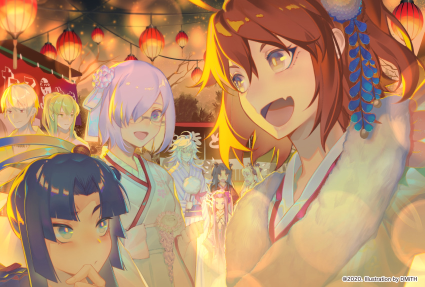 2020 2boys 6+girls ahoge artist_name black_hair blonde_hair blue_flower blue_hair blush breasts commentary_request dmith enkidu_(fate) fate/grand_order fate_(series) flower frown fujimaru_ritsuka_(female) fujimaru_ritsuka_(female)_(ceremonial_new_year) gilgamesh_(fate) glasses hair_between_eyes hair_flower hair_ornament hair_over_one_eye highres ishtar_(fate) japanese_clothes kimono light_purple_hair long_hair looking_at_another looking_at_viewer mash_kyrielight merlin_(fate) multiple_boys multiple_girls oerba_yun_fang official_alternate_costume open_mouth orange_eyes orange_hair outdoors ponytail purple_eyes purple_hair short_hair skin_fang smile twintails ushiwakamaru_(fate) white_flower white_hair white_kimono