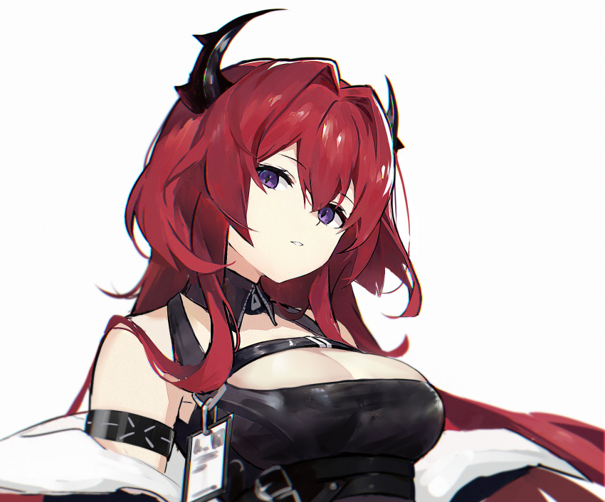 arknights arm_strap banxuan_c2ka bare_shoulders blurry breasts chest_strap chinese_commentary cleavage commentary depth_of_field detached_collar female hair_between_eyes hair_intakes head_tilt highres horns large_breasts long_hair looking_at_viewer parted_lips photoshop_(medium) purple_eyes red_hair revision simple_background solo surtr_(arknights) upper_body white_background