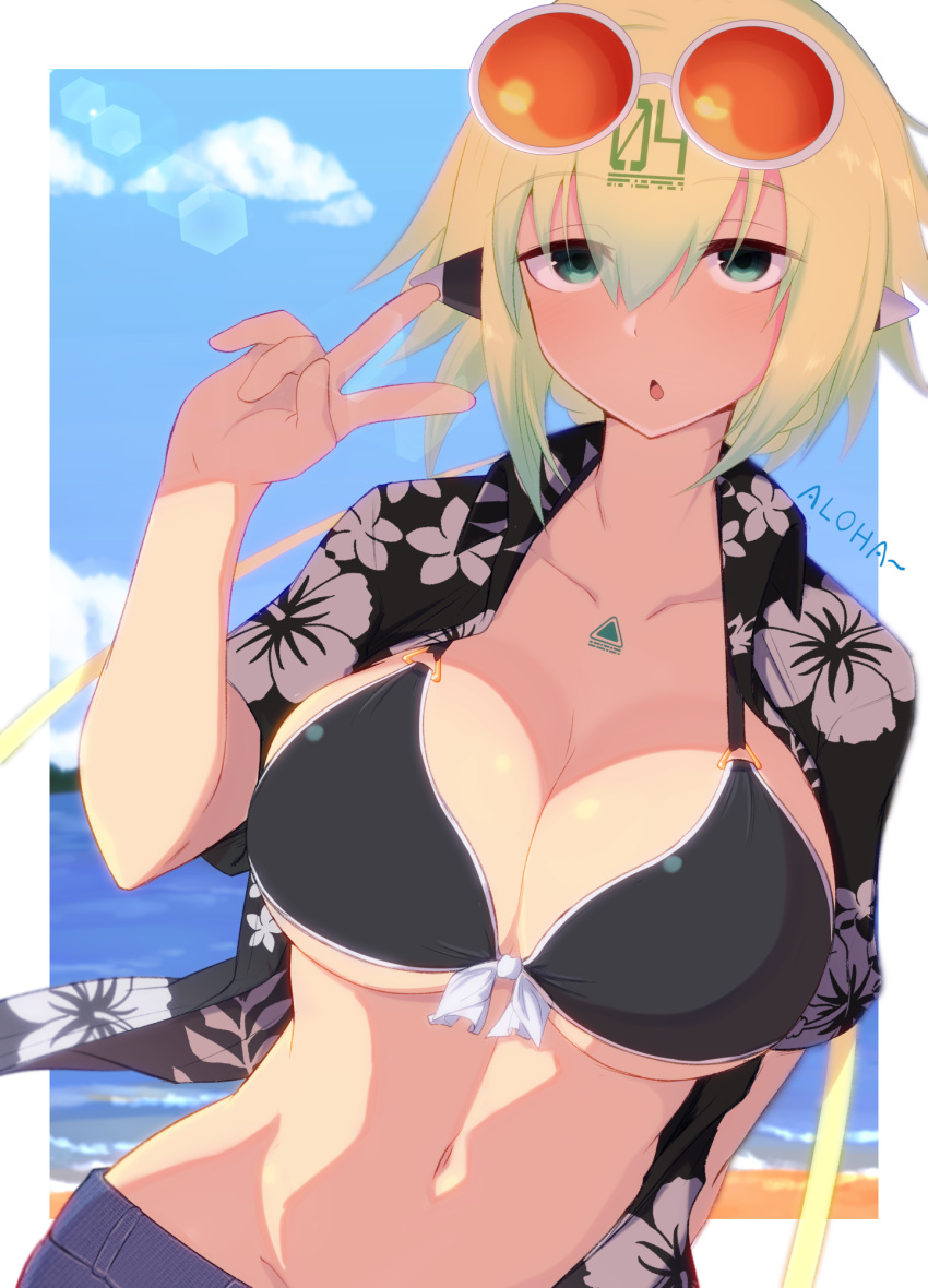 beach bikini black_bikini blonde_hair bombergirl breasts cleavage collarbone da_(da_3939) day emera_(bombergirl) eyewear_on_head female floral_print gradient_hair green_eyes green_hair hawaiian_shirt highres large_breasts long_hair looking_at_viewer multicolored_hair navel open_mouth outdoors shirt short_sleeves solo sunglasses swimsuit v