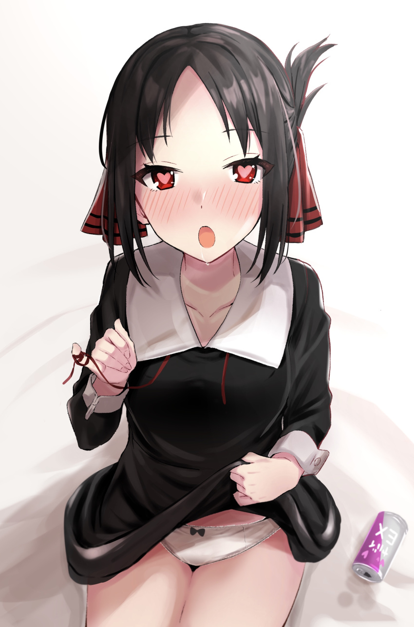 absurdres alcohol black_dress black_hair blush breasts can clothes_lift collarbone collared_dress commentary dress drink drooling drunk female folded_ponytail from_above full-face_blush hair_ribbon heart heart-shaped_pupils highres kaguya-sama_wa_kokurasetai_~tensai-tachi_no_renai_zunousen~ kitaku_(nakamachi_machi) lifting_own_clothes long_sleeves looking_at_viewer lovestruck medium_hair open_mouth panties pinky_out red_eyes red_ribbon ribbon saliva satin satin_panties school_uniform shadow shinomiya_kaguya shuuchiin_academy_school_uniform sidelocks simple_background sitting skirt skirt_lift sleeve_cuffs small_breasts solo symbol-shaped_pupils underwear white_background white_panties winter_uniform