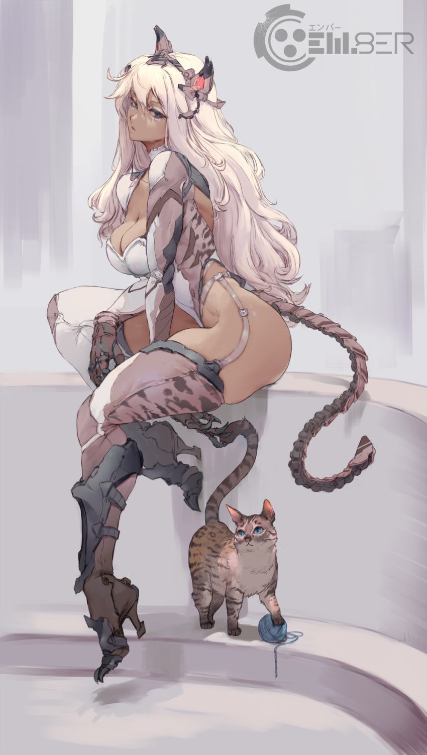 animal_ears blonde_hair blue_eyes breasts cat_ears cleavage commentary cutesexyrobutts dark-skinned_female dark_skin em8er feline female high_heels highres long_hair mechanical_ears mechanical_tail medium_breasts skindentation tail thick_thighs thighs yarn yarn_ball