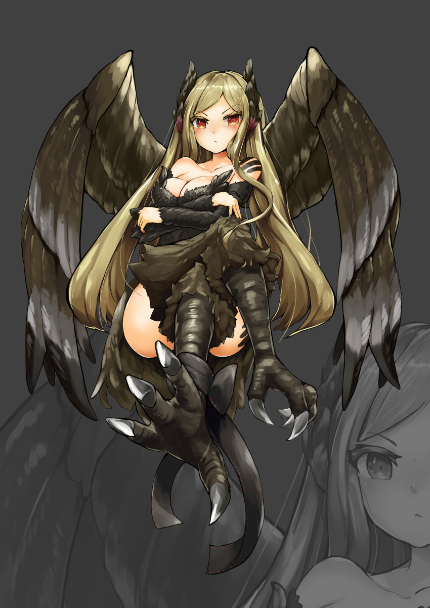 absurdres animal_ears bare_shoulders bird_ears bird_legs bird_tail blonde_hair blush breasts brown_feathers brown_wings cleavage commentary_request crossed_arms crossed_legs feathers female harpy highres long_hair medium_breasts monster_girl original red_eyes shitoi_(aqua1487) solo tail talons twintails very_long_hair wings