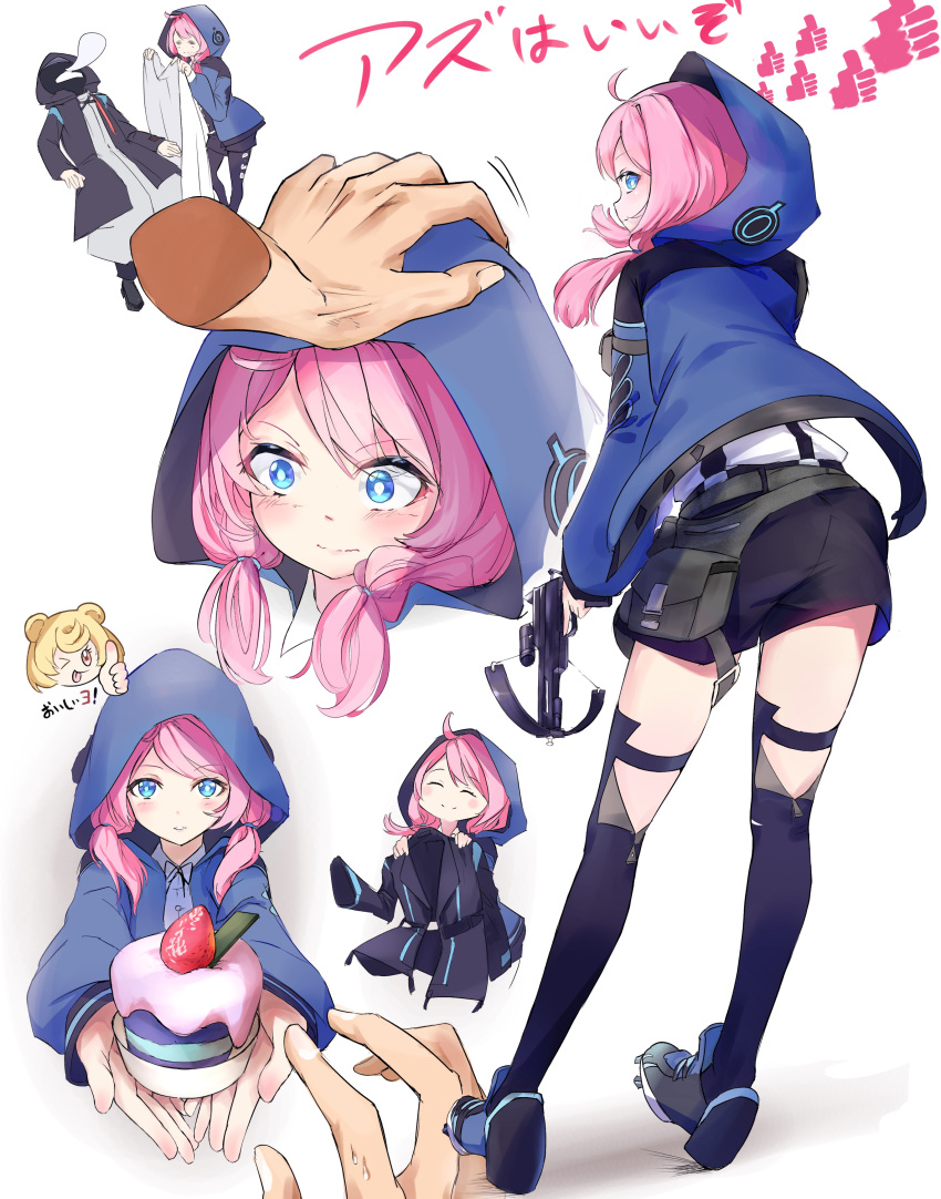 1other 2girls ;p ^_^ absurdres ahoge ambiguous_gender anmitu_(sui_3959) arknights ass back belt blanket blue_eyes blue_jacket blue_poison_(arknights) blue_poison_(elite_ii)_(arknights) blush closed_eyes confession crossbow cupcake dessert disembodied_hand disembodied_head doctor_(arknights) food fruit full_body gummy_(arknights) hand_on_another's_head headpat highres holding holding_blanket holding_clothes holding_crossbow holding_food holding_jacket holding_weapon hood hood_up hooded_jacket incoming_food jacket looking_at_viewer looking_back low_twintails multiple_girls multiple_views one_eye_closed parted_lips pink_hair pouch shorts simple_background sleeping smile snoring strawberry suspender_shorts suspenders thighhighs thumbs_up tongue tongue_out twintails wavy_mouth weapon white_background