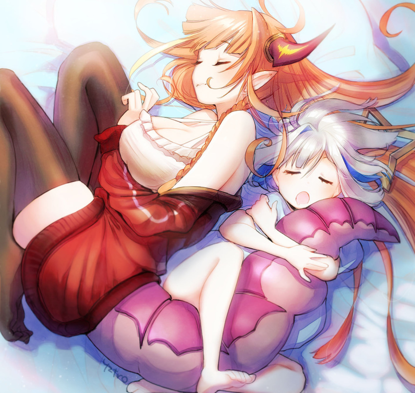 2girls amane_kanata black_thighhighs breasts camisole closed_eyes commentary_request dragon_girl dragon_horns dragon_tail highres hololive horns hugging_another's_tail hugging_tail kiryu_coco kiryu_coco_(loungewear) large_breasts long_hair multiple_girls orange_hair skindentation sleeping tail thick_thighs thighhighs thighs toro_astro virtual_youtuber white_camisole