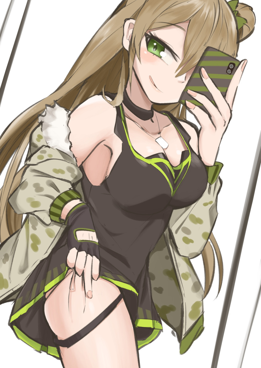 black_choker black_gloves black_shirt blush bow breasts brown_hair camouflage camouflage_jacket cellphone choker cleavage closed_mouth clothes_pull collarbone double_bun feet_out_of_frame female fingerless_gloves fingernails girls'_frontline gloves green_eyes hair_bun hairbow highres holding holding_phone jacket jacket_pull kuzumotsu licking_lips long_hair looking_at_viewer medallion medium_breasts open_clothes open_jacket phone rfb_(girls'_frontline) selfie shirt simple_background smartphone smile solo standing tongue tongue_out