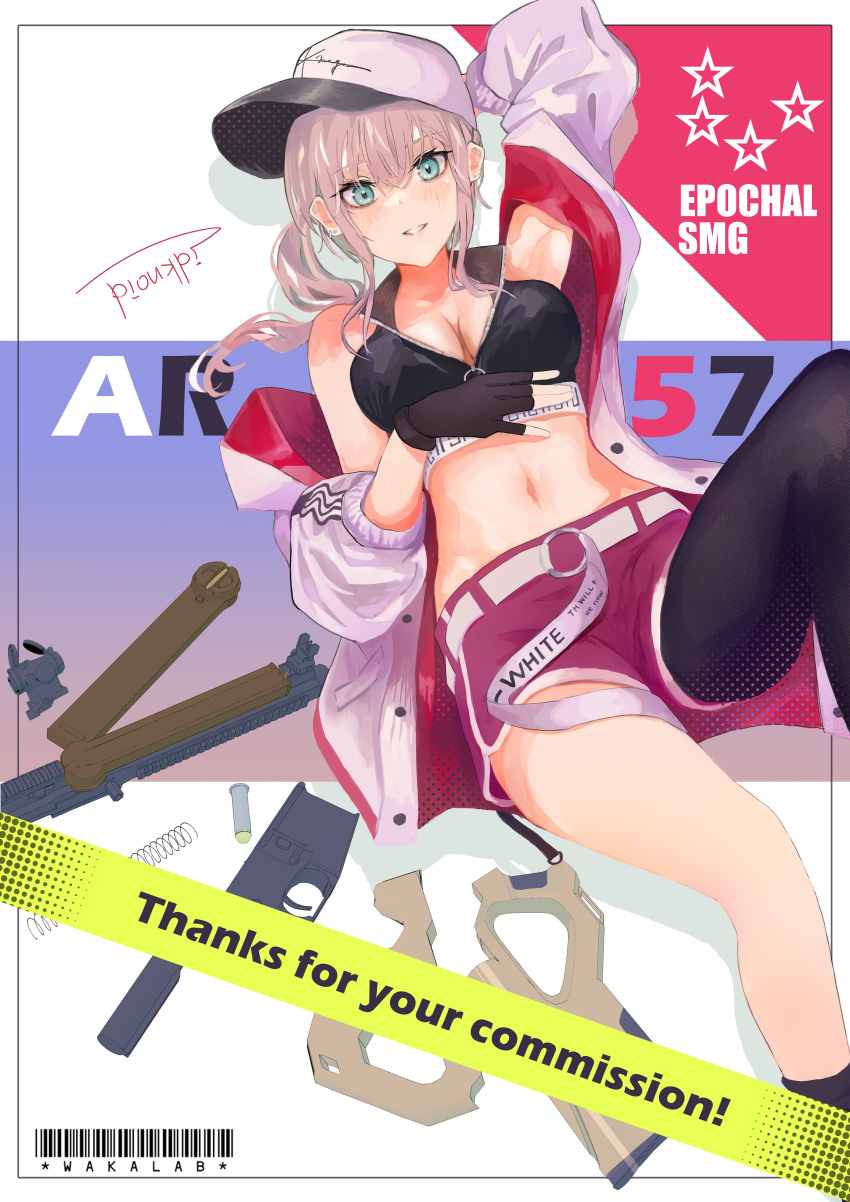 absurdres aqua_eyes ar-57 ar-57_(girls'_frontline) arm_behind_head armpits artist_name barcode bare_shoulders black_gloves black_legwear black_tank_top blonde_hair blush breasts cleavage clothes_pull commission crop_top disassembly english_text feet_out_of_frame female fingerless_gloves girls'_frontline gloves gun hand_on_own_stomach highres jacket jacket_pull long_hair looking_at_viewer lying medium_breasts navel on_back open_clothes open_jacket open_mouth pink_shorts reraise rifle shorts side_ponytail simple_background single_sock single_thighhigh skeb_commission smile socks solo tank_top teeth thighhighs weapon white_headwear white_jacket