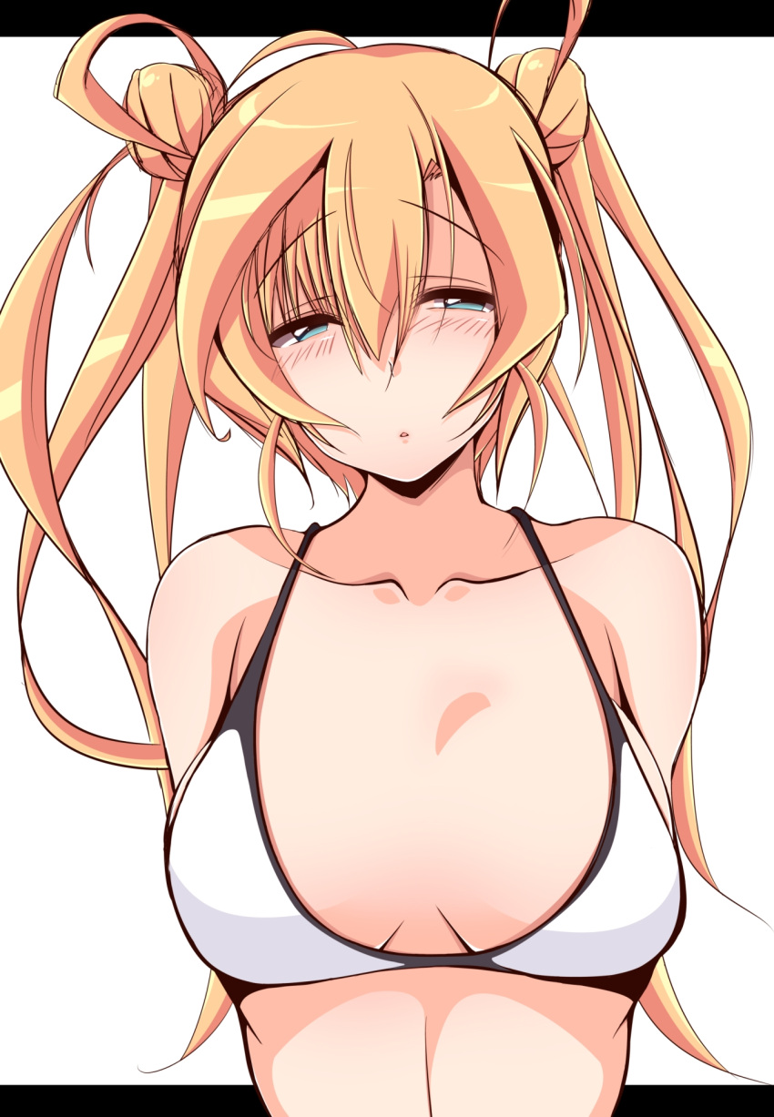 abukuma_(kancolle) alternate_costume bikini blonde_hair blue_eyes breasts collarbone double_bun female hair_between_eyes hair_bun hair_rings highres kanbayashi_chiko kantai_collection long_hair small_breasts solo swimsuit upper_body white_bikini