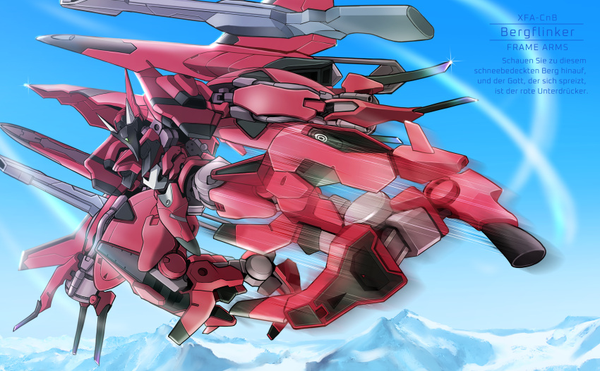 bergflinker character_name cloud flying frame_arms german_text highres mecha motion_blur motion_lines mountain no_humans robot science_fiction sky solo sparkle suzu_(garage516)