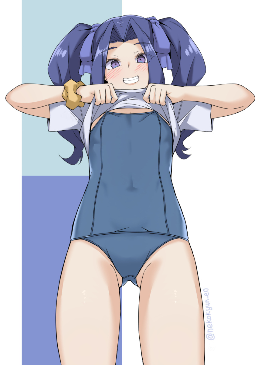 arms_up ass_visible_through_thighs blue_one-piece_swimsuit blush clothes_lift female grin hair_intakes highres lifting_own_clothes lips long_hair melty_q_melromarc nekokyun no_pants one-piece_swimsuit purple_eyes purple_hair ribbon school_swimsuit scrunchie shirt shirt_lift short_sleeves smile solo swimsuit swimsuit_under_clothes tate_no_yuusha_no_nariagari thighs twintails white_shirt wrist_scrunchie