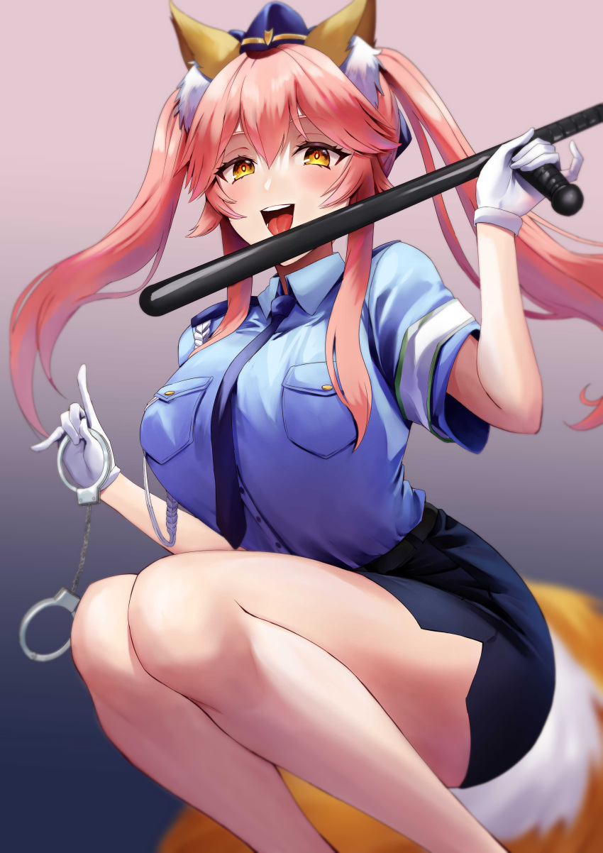 absurdres animal_ears ass bare_legs baton_(weapon) breasts commission cuffs fate/extella fate/extella_link fate/extra fate_(series) female fox_ears fox_tail gloves hair_between_eyes handcuffs hat highres holding holding_handcuffs holding_weapon large_breasts long_hair looking_at_viewer miniskirt necktie official_alternate_costume open_mouth pink_hair police police_hat police_uniform policewoman rororo side_slit skirt smile solo squatting tail tamamo_(fate) tamamo_no_mae_(fate/extra) tamamo_no_mae_(police_fox)_(fate) tonfa twintails uniform weapon white_gloves yellow_eyes