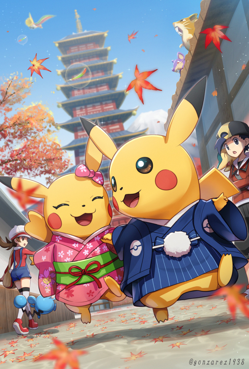 1boy :3 :d :o autumn_leaves backwards_hat bag baseball_cap black_hair black_pants blue_kimono blue_overalls blue_sky blurry bow breasts brown_hair buck_teeth character_print cherrim cherrim_(sunshine) chinese_zodiac closed_eyes clothed_pokemon commentary_request cyndaquil day depth_of_field ecruteak_city ethan_(pokemon) falling_leaves feathers female floral_print flying gonzarez hair_through_headwear haori happy hat highres ho-oh holding_hands in-universe_location japanese_clothes jumping kimono leaf long_sleeves looking_at_another lyra_(pokemon) marill mountain new_year obi open_mouth outdoors overalls pagoda pants pikachu pink_bow pink_kimono poke_ball_print pokemon pokemon_(creature) pokemon_hgss print_kimono rainbow_feather_(pokemon) raticate rattata red_footwear red_ribbon red_shirt ribbon sash shadow shirt shoes short_hair shoulder_bag sky small_breasts smile sneakers sparkle standing teeth thighhighs tree twitter_username walking white_headwear white_thighhighs wide_sleeves year_of_the_rat