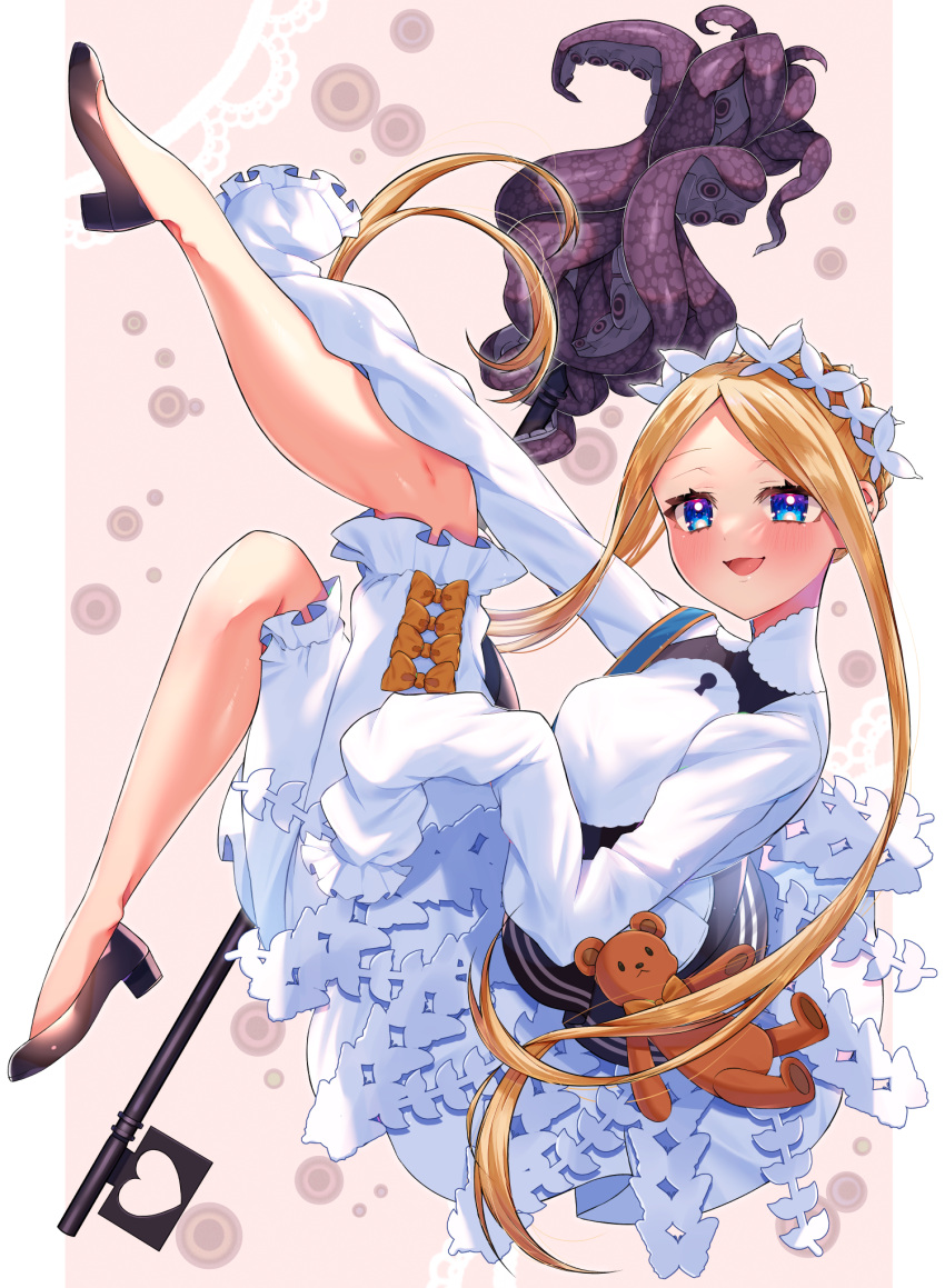 abigail_williams_(fate) abigail_williams_(festival_outfit)_(fate) akirannu alternate_costume black_footwear black_skirt blonde_hair bloomers blue_eyes blush braid breasts dress enmaided fate/grand_order fate_(series) female forehead french_braid highres keyhole layered_skirt legs long_hair looking_at_viewer maid maid_headdress mop open_mouth parted_bangs sash sidelocks skirt sleeves_past_fingers sleeves_past_wrists small_breasts smile solo stuffed_animal stuffed_toy teddy_bear tentacle underwear very_long_hair white_bloomers white_dress