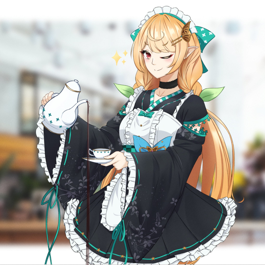 black_choker blonde_hair braid breasts choker collarbone cup female hair_behind_ear highres holding holding_plate holding_teapot kotori_kai_(artist) long_hair looking_at_viewer maid medium_breasts nijisanji nijisanji_en official_alternate_costume one_eye_closed plate pointy_ears pomu_rainpuff pomu_rainpuff_(2nd_costume) pouring smile sparkle tea teacup teapot twin_braids very_long_hair virtual_youtuber wa_maid you're_doing_it_wrong