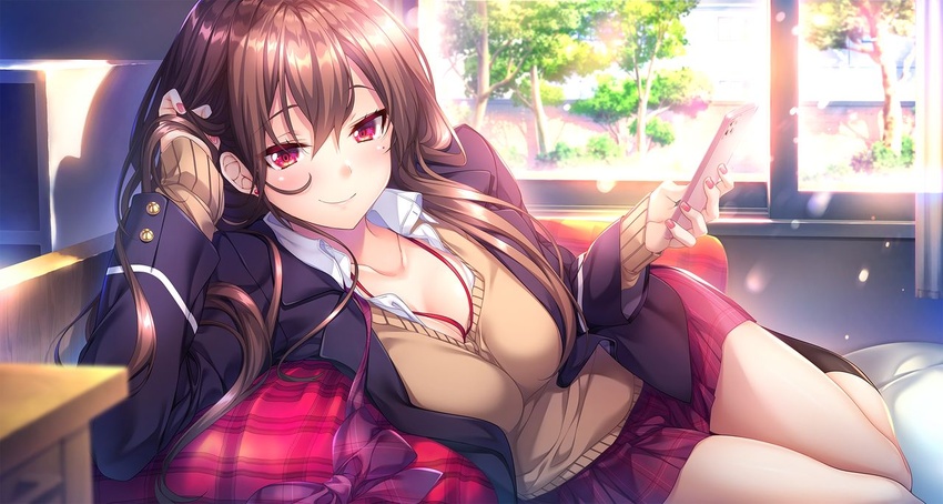 aikagi_3 bangs black_jacket black_socks blurry blurry_foreground bow bowtie bowtie_removed breasts brown_hair cellphone cleavage closed_mouth collarbone collared_shirt dress_shirt female game_cg gintarou_(kurousagi108) hair_between_eyes hand_in_own_hair holding holding_phone indoors jacket kneehighs long_hair long_sleeves looking_at_viewer medium_breasts miniskirt mole mole_under_eye nail_polish non-web_source on_bed open_clothes open_jacket open_shirt phone pillow plaid plaid_skirt pleated_skirt red_eyes red_nails red_skirt saotome_ai shiny shiny_hair shirt skirt smartphone smile socks solo straight_hair sweater very_long_hair white_shirt wing_collar yellow_sweater