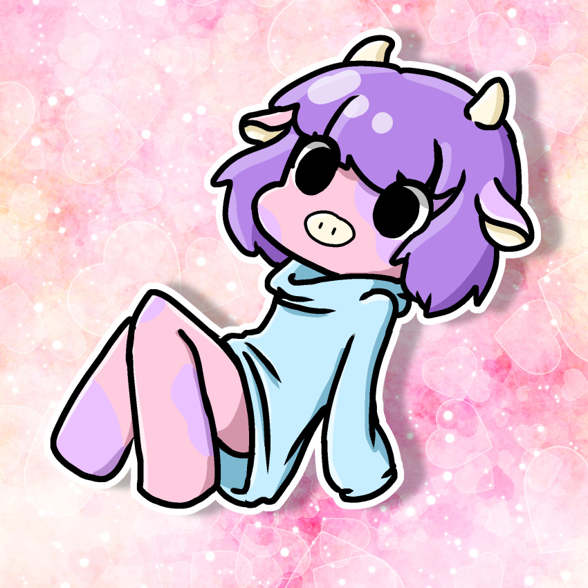 1:1 anthro bottomless bovid bovine cattle clothed clothing conditional_dnp ears_down female floating hair hi_res kellytoy mammal muffinlewds oversized_clothing pink_background pink_body pivoted_ears purple_body purple_hair simple_background solo sparkles spots squishmallows