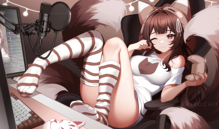 animal_ears breasts closed_mouth commission computer_keyboard feet female fox_ears fox_mask fox_tail foxplushy highres hitodama indie_virtual_youtuber indoors kiyochii knees_up large_breasts long_hair looking_at_viewer lying mask microphone_stand monitor off_shoulder on_back on_chair one_eye_closed shirt smile solo t-shirt tail thighhighs toes virtual_youtuber