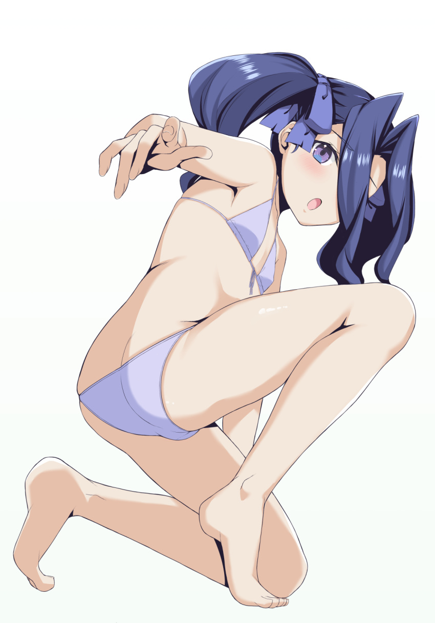 :o arm_up armpits ass barefoot bikini blush breasts butt_crack feet female from_behind front-tie_top full_body hair_intakes hair_over_one_eye highres knee_up legs long_hair looking_back melty_q_melromarc nekokyun on_one_knee open_mouth purple_bikini purple_eyes purple_hair ribbon simple_background small_breasts solo swimsuit tate_no_yuusha_no_nariagari thighs toes twintails white_background