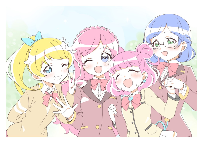 4girls :3 ;d ^_^ aged_up aoba_rinka bad_id bad_twitter_id blonde_hair blue_eyes blue_hair blue_sky blurry blurry_background blush border bow bowtie braid brooch brown_jacket cardigan closed_eyes collared_shirt commentary crown_braid double_bun earrings facing_viewer french_braid green_eyes grin hair_bun happy heart heart_brooch heart_tail high_ponytail highres holding_hands jacket jewelry kiracchu_(pri_chan) kirarigaoka_middle_school_uniform kiratto_pri_chan long_hair long_sleeves looking_at_viewer medium_hair miniskirt moegi_emo momoyama_mirai mouse_tail multiple_girls one_eye_closed open_mouth outdoors photo_(object) pink_bow pink_bowtie pink_hair pleated_skirt ponytail pose pretty_series purple_eyes rn10r school_uniform shiny_skin shirt skirt sky smile star_(symbol) star_earrings striped_cardigan tail tree upper_body v waving white_border white_shirt white_skirt white_stripes yellow_cardigan yellow_jacket