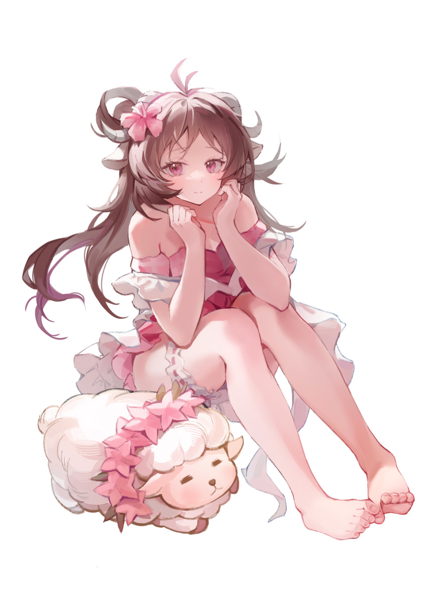 absurdres ahoge animal animal_ears arknights arms_on_knees bare_legs bare_shoulders barefoot blush breasts bridal_garter brown_hair chinese_commentary clenched_hand closed_mouth commentary eyebrows eyjafjalla_(arknights) eyjafjalla_(summer_flower)_(arknights) feet female flower fluff fluffy frilled_one-piece_swimsuit frills full_body hair_flower hair_ornament hair_rings hands_up hibiscus highres horns ibbca legs long_hair looking_at_viewer lying medium_breasts off-shoulder_one-piece_swimsuit off_shoulder official_alternate_costume on_stomach one-piece_swimsuit pink_eyes pink_flower pink_one-piece_swimsuit plaid plaid_swimsuit sheep sheep_ears sheep_horns sidelocks simple_background sitting smile solo swimsuit toes toes_up white_background