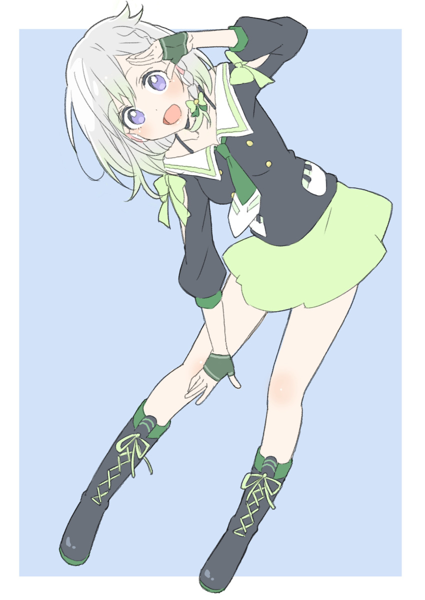 :d absurdres bad_id bad_twitter_id bent_over black_footwear black_shirt blue_background blush boots border bow bra_strap braid cross-laced_footwear donguri_suzume dot_nose female fingerless_gloves gloves gradient_hair green_bow green_gloves green_necktie green_skirt grey_hair hand_up highres long_sleeves looking_at_viewer multicolored_hair necktie open_mouth purple_eyes sailor_collar school_uniform serafuku shirt simple_background skirt smile solo virtual_youtuber white_border white_sailor_collar yuni_(yuni_channel) yuni_channel