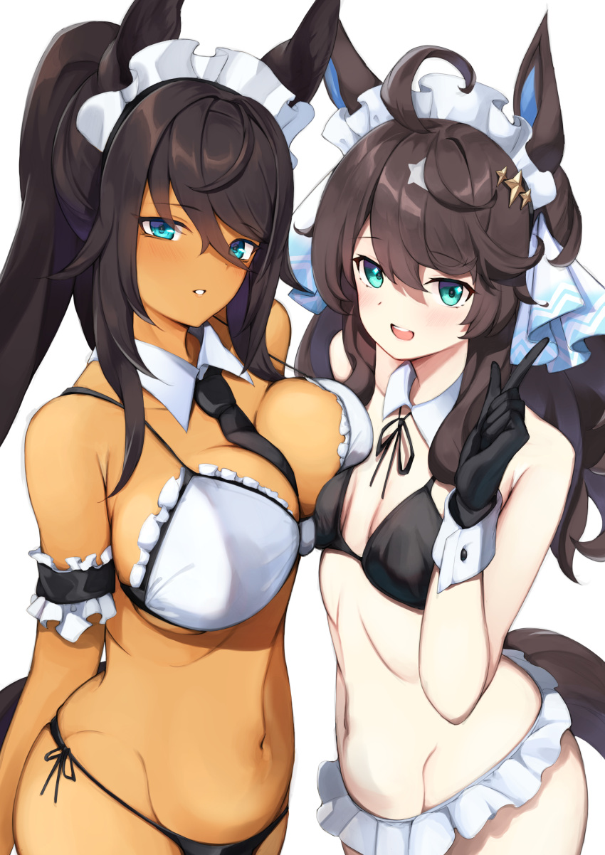 2girls absurdres ahoge animal_ears asymmetrical_docking black_hair blue_eyes blush breast_press breasts collarbone commentary daring_tact_(umamusume) dark-skinned_female dark_skin hair_between_eyes hair_ornament highres horse_ears horse_girl horse_tail large_breasts long_hair looking_at_viewer maid_headdress medium_breasts multiple_girls navel open_mouth simple_background symboli_kris_s_(umamusume) tail tsujiya_okuyasu umamusume white_background