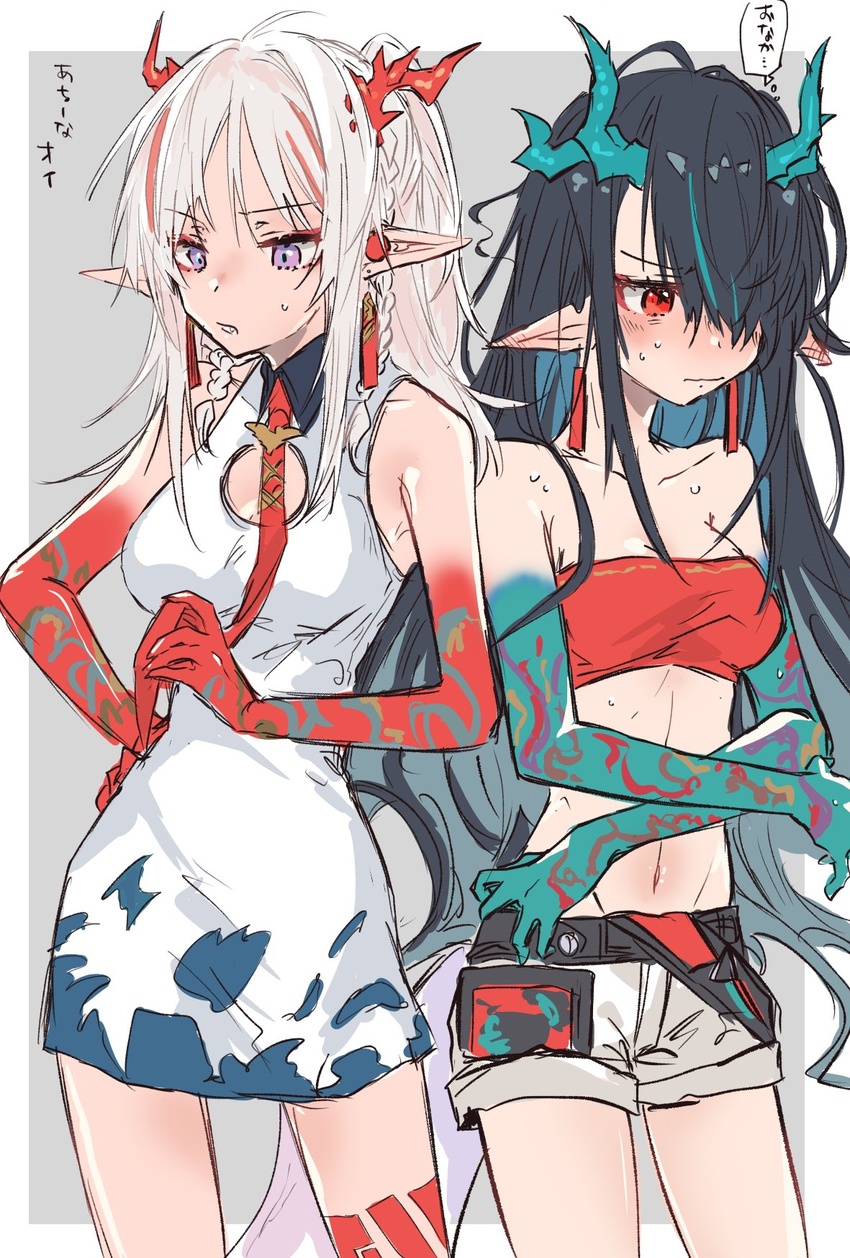 2girls an_fyhx arknights arm_tattoo bandeau black_hair blush border china_dress chinese_clothes cleavage_cutout clothing_cutout collarbone colored_skin commentary cosplay costume_switch cowboy_shot dragon_girl dragon_horns dragon_tail dress dusk_(arknights) ear_piercing embarrassed green_hair green_skin grey_background highres horns leg_tattoo midriff multicolored_hair multiple_girls navel necktie nian_(arknights) outside_border piercing pointy_ears purple_eyes red_bandeau red_eyes red_hair red_necktie red_skin red_tube_top shorts siblings simple_background sisters sleeveless sleeveless_dress strapless streaked_hair sweat symbol-only_commentary tail tattoo thought_bubble translated tube_top white_border white_dress white_hair white_shorts